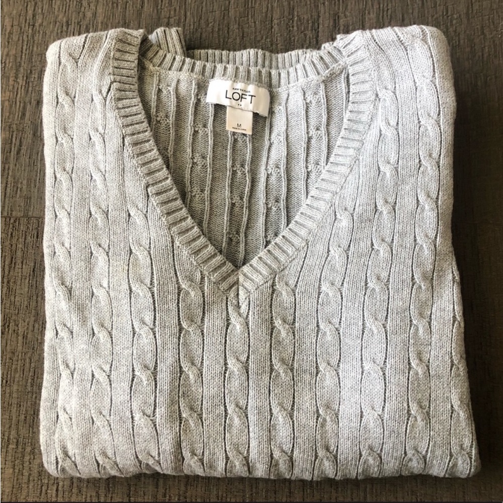 LOFT Light Gray Cable-Knit V-Neck Sweater